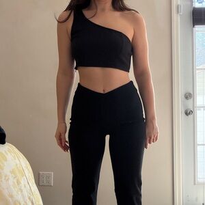 Princess Polly Black One-Shoulder Crop Top & Flared Pants Set